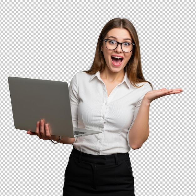 woman holding laptop in excited pose png image