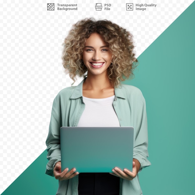 a woman holding a laptop with the words " natural " on it.