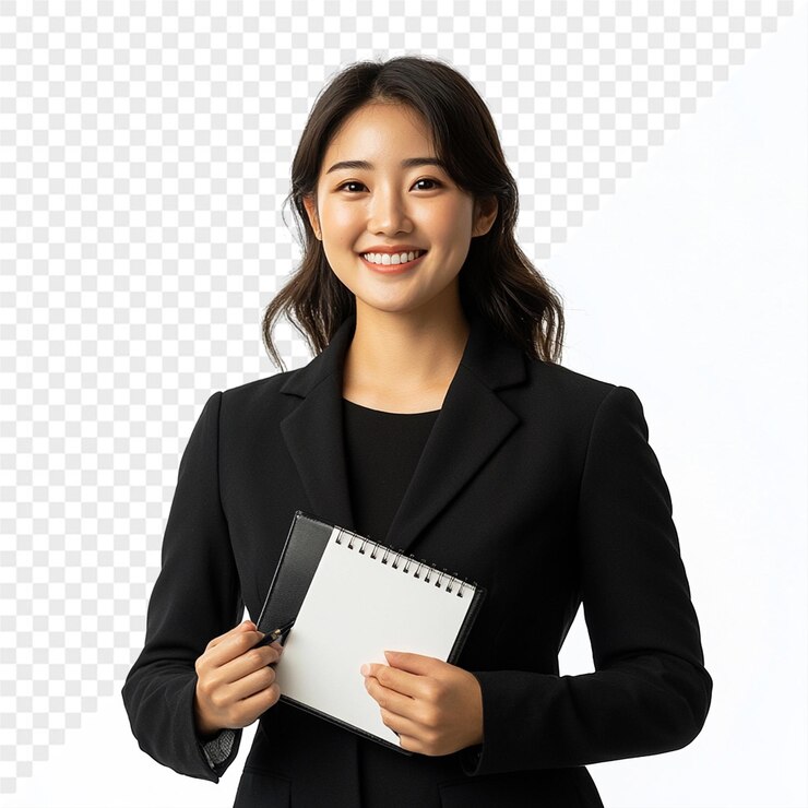 PSD 손 에 펜 을 들고 노트북 을 들고 있는 여자