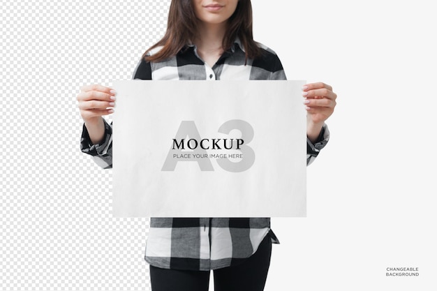 PSD a woman holding a paper poster mockup a3