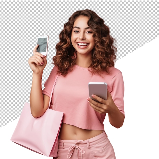 PSD a woman holding a phone and a pink bag with a white background