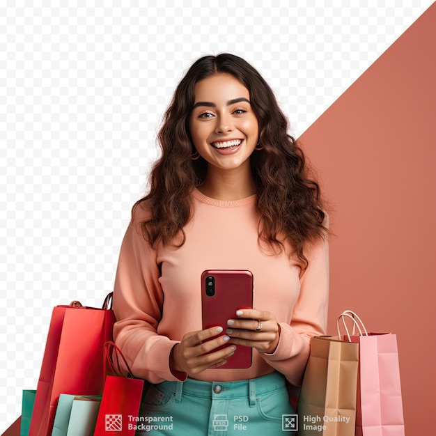 Una donna con in mano un telefono e una borsa della spesa con un cellulare rosa in mano.