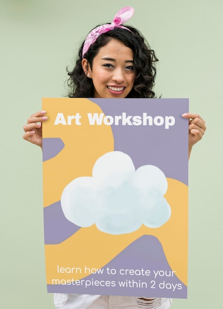 woman holding picture poster mockup psd