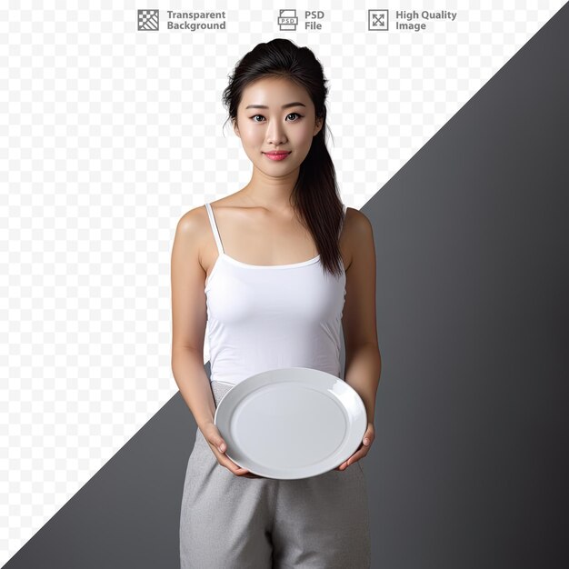 PSD a woman holding a plate that says quot high quality quot on it