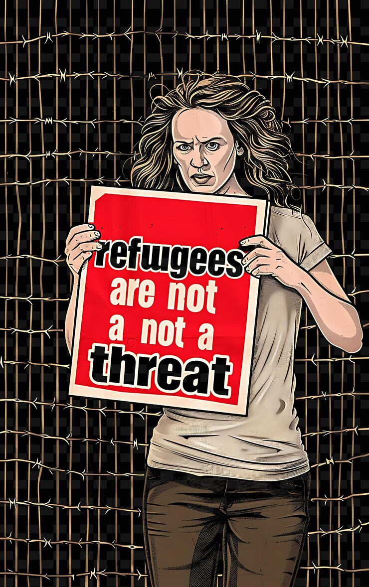 PSD woman holding a sign that reads refugees are not a threat in creative flat illustration art