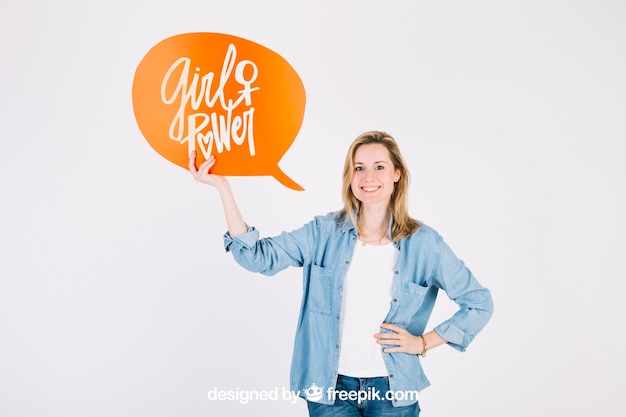 PSD woman holding speech bubble mockup