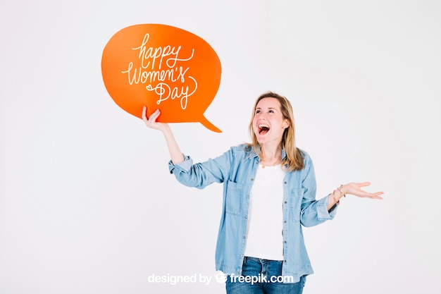 PSD woman holding speech bubble mockup