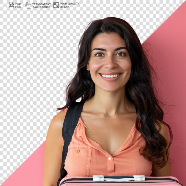 PSD woman holding suitcase isolated on transparent