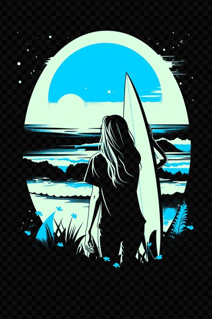 PSD woman holding a surfboard with a beach in the background pos psd art design concept poster banner