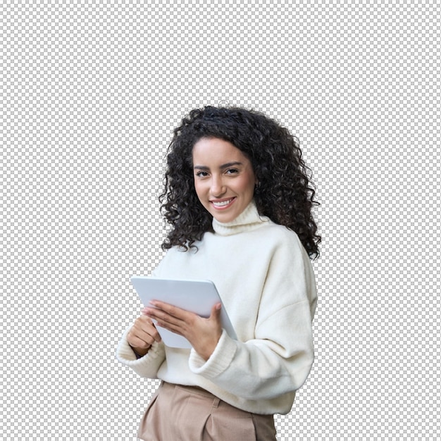 woman holding a tablet and smiling