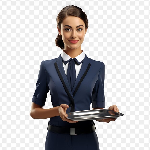 A woman holding a tray with a plate of food