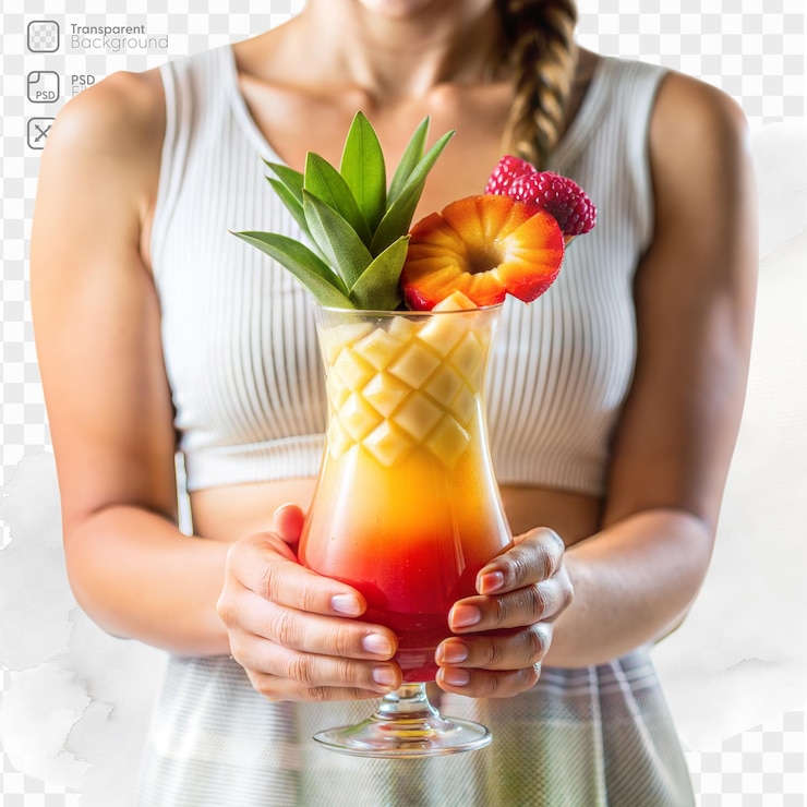 PSD woman holding tropical fruit cocktail with pineapple and berries