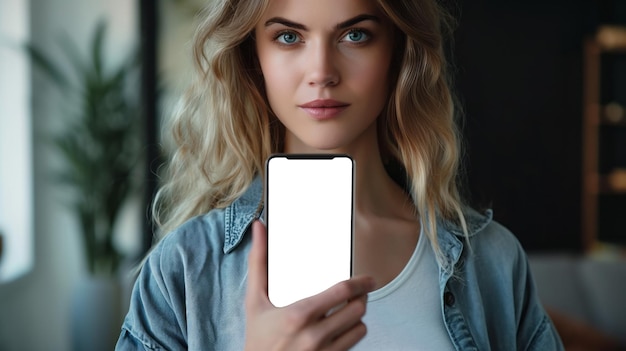 PSD woman holding up blank screen cell phone