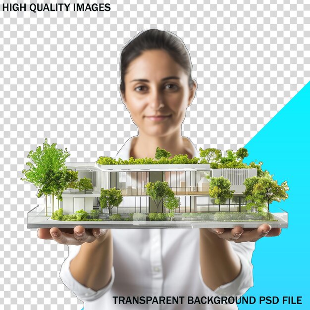PSD a woman holding up a model of a house with a green roof