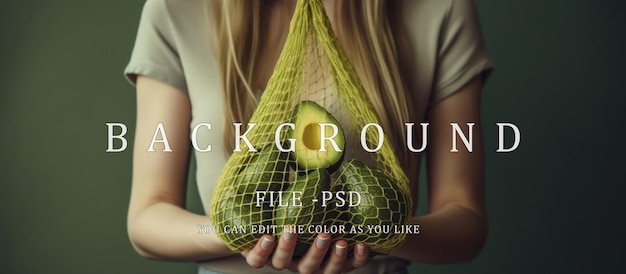 PSD woman holding white net bag with avocado fruit