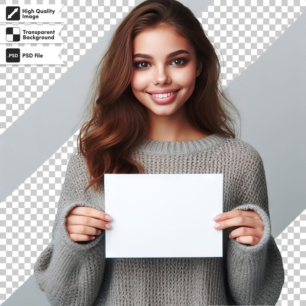 PSD a woman holding a white piece of paper that says  the word  on it