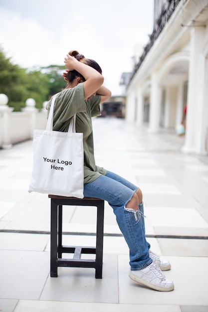 PSD woman holding white shopping bag mockup