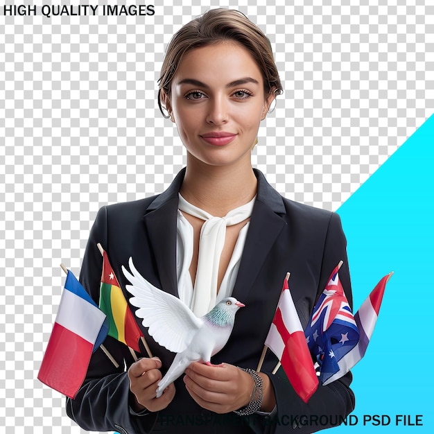 A woman holds several flags in front of a blue background