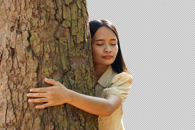 PSD Женщина обнимает дерево концепция защиты окружающей среды