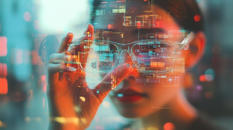 PSD woman interacting with futuristic holographic interface