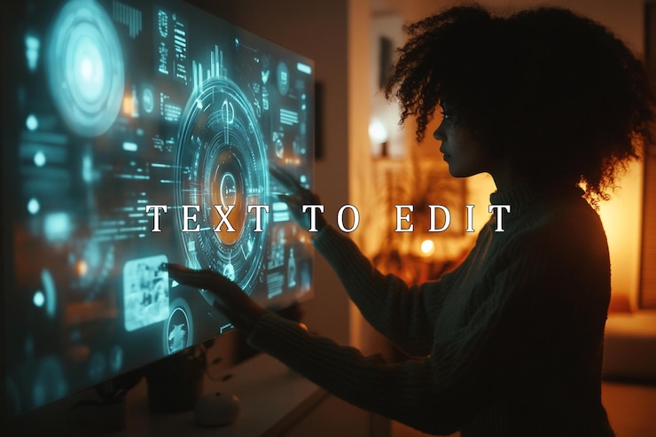 PSD woman interacts with a futuristic holographic interface on a large screen