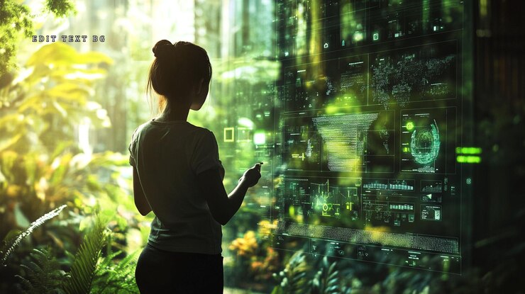 PSD woman interacts with futuristic interface showing environmental data in a lush green jungle setting