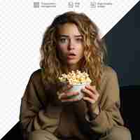 PSD a woman is eating popcorn with a screen that says popcorn