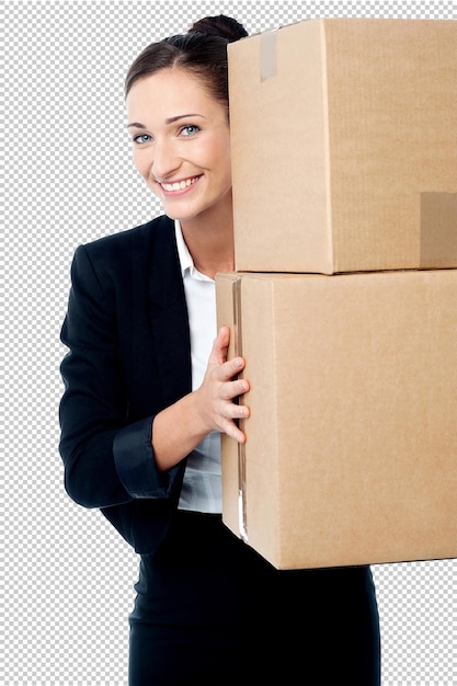a woman is holding a box that says she is carrying