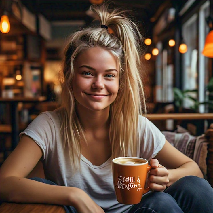 PSD a woman is holding a cup of coffee with the words coffee on it