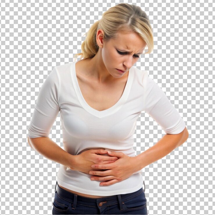 PSD a woman is holding her stomach and it looks like she has a stomachache on transparent background