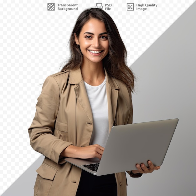 A woman is holding a laptop with the words 