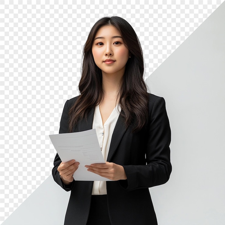 PSD 한 여인이 손에 종이를 들고 종이를 고 있다.