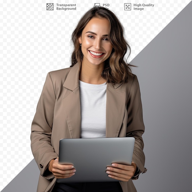 PSD a woman is holding a tablet with the words 