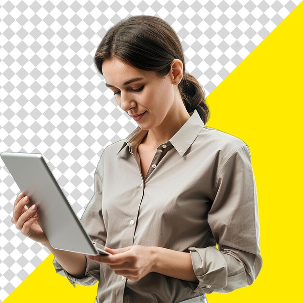 PSD a woman is holding a tablet with a yellow background