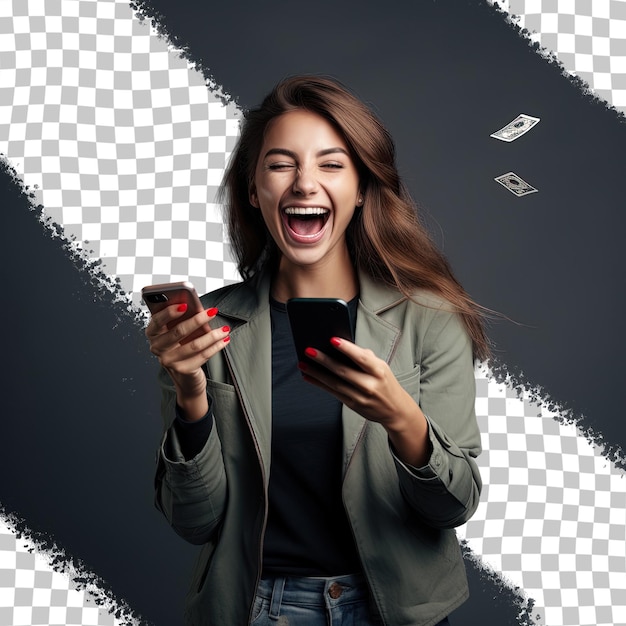 A woman is laughing and holding a phone with a picture of a woman on it.