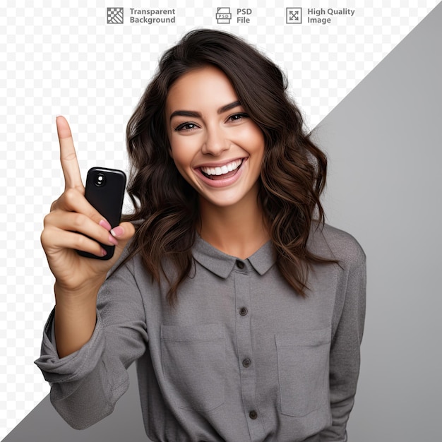 A woman is pointing at a cell phone with the words 