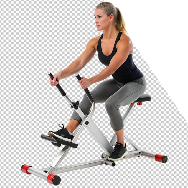a woman is riding an exercise bike with a red handle