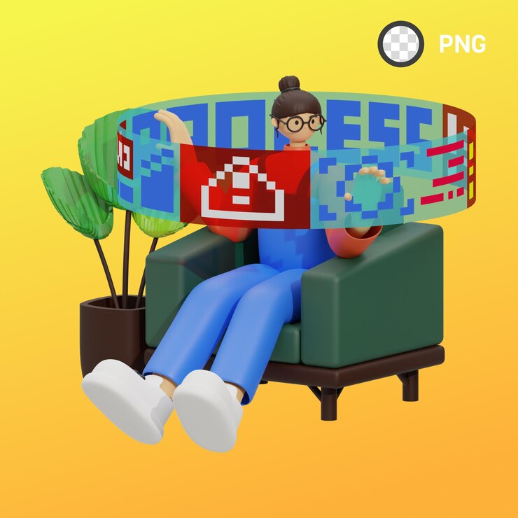 PSD a woman is sitting on a couch and holding a red square with a logo for png.