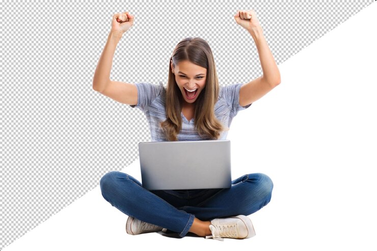 PSD a woman is sitting on the floor with a laptop in her hand