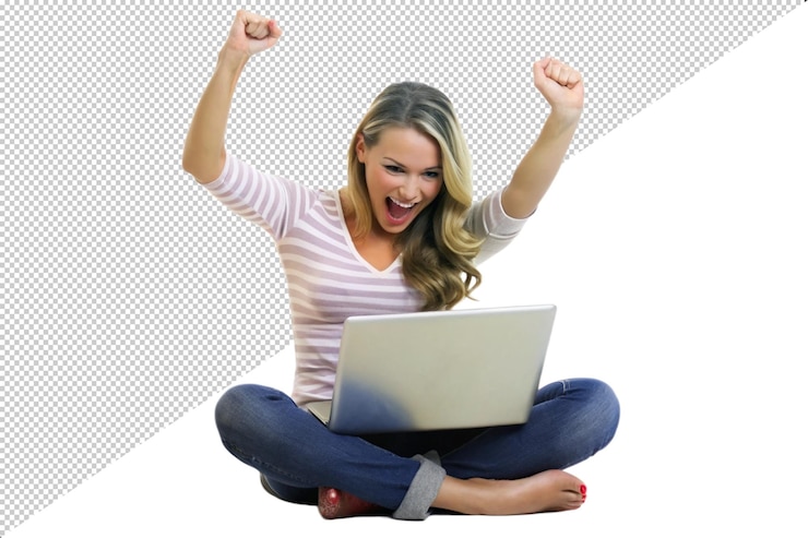 PSD a woman is sitting on the floor with a laptop in her hand