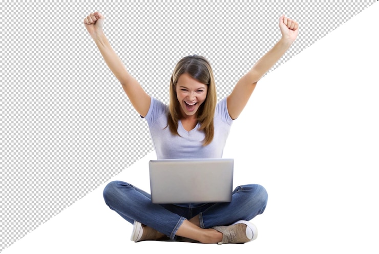 PSD a woman is sitting on the floor with a laptop in her hand