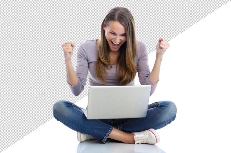 PSD a woman is sitting on the floor with a laptop in her hand