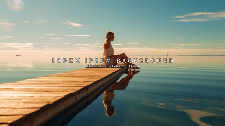 PSD the woman is sitting on the pier self reflection bright sun in the blue sky ai generated