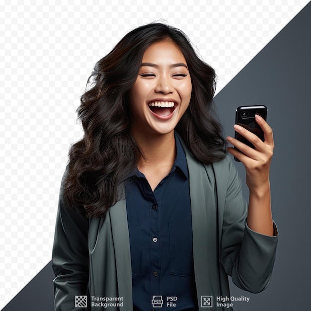 PSD a woman is smiling and holding a phone with the words 