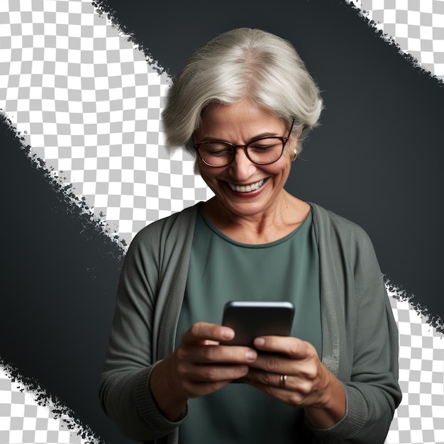 A woman is smiling and looking at her phone.