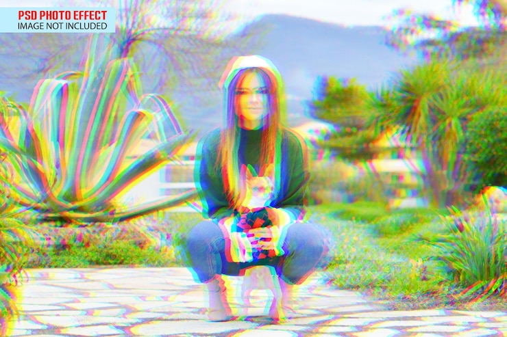 PSD a woman is squatting down and holding a camera