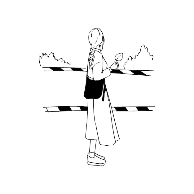 A woman is standing in front of a road crossing with a black line drawing of a woman.