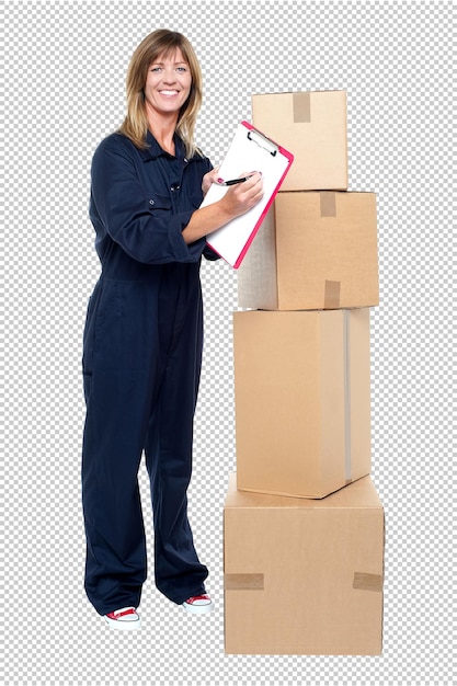 a woman is standing on top of boxes that are stacked up