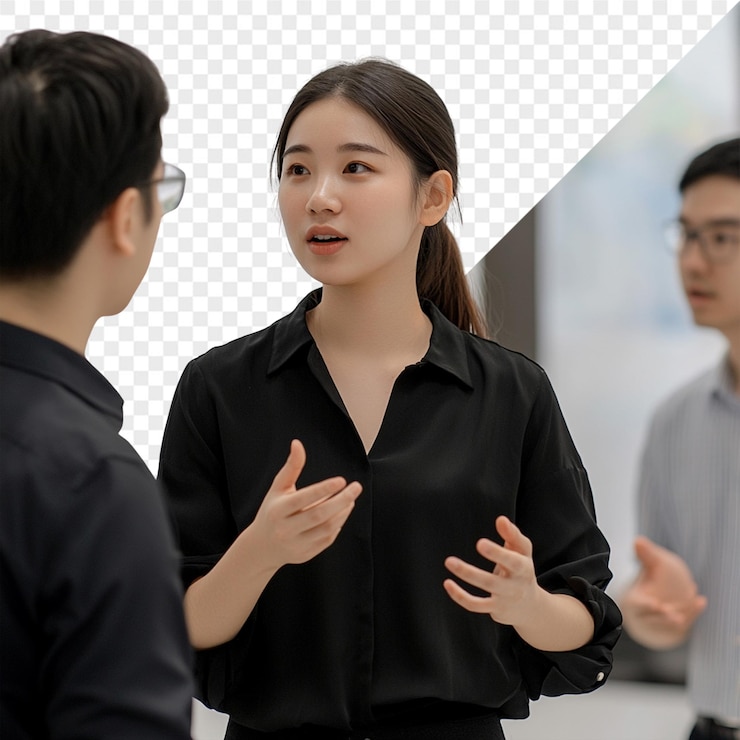 PSD 한 여자 가 검은 셔츠 를 입은 남자 와 여자 와 대화 하고 있다
