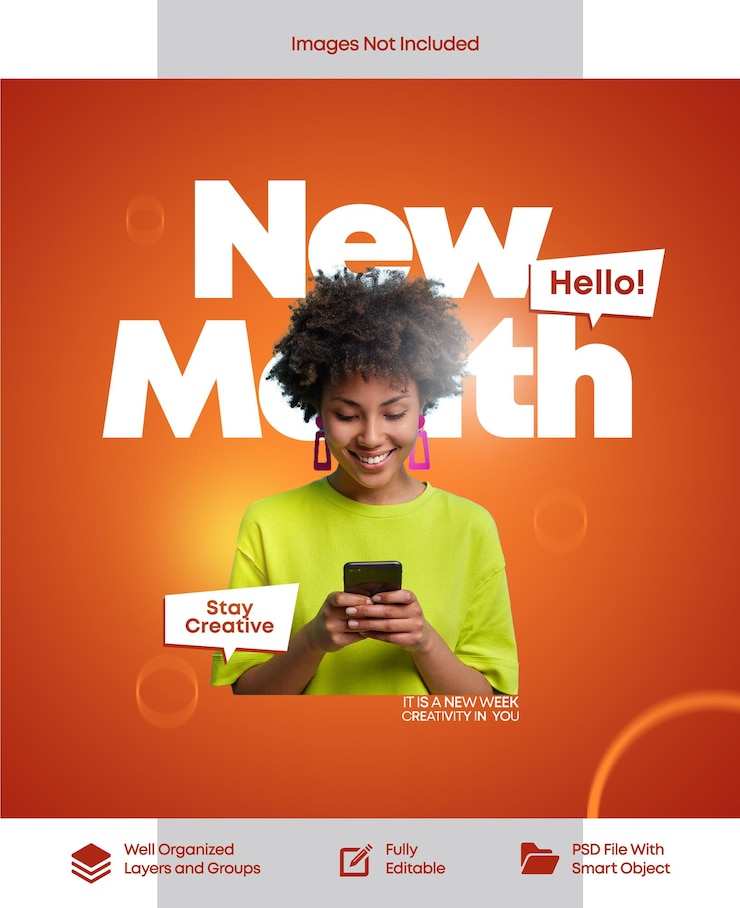 PSD a woman is texting on an orange background that says " new mouth! "